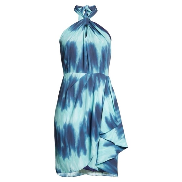 TOCCIN Pleated Faux Wrap Blue Ombre Tye Dye Sarong Halter Mini Dress Size 4 NEW - Picture 4 of 10